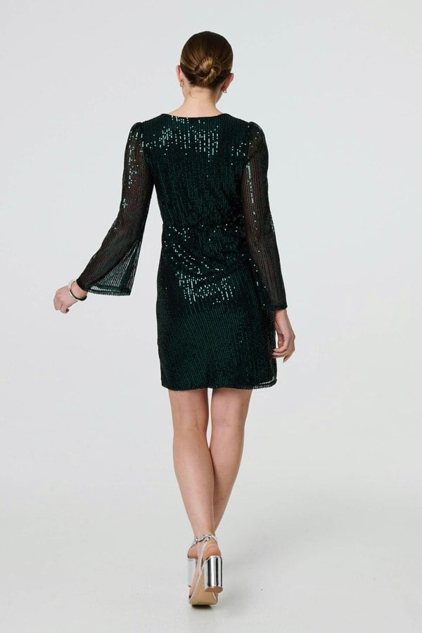Green | Sequin Semi Sheer Long Sleeve Mini Dress
