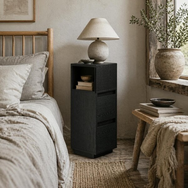 Wyld Haus Susema Black Slim Bedside Table With 2 Drawers And Open Shelf