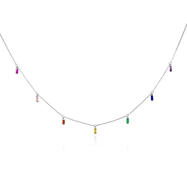 namana 925 Sterling Silver Rainbow Coloured  Baguette Charm Necklace for Women