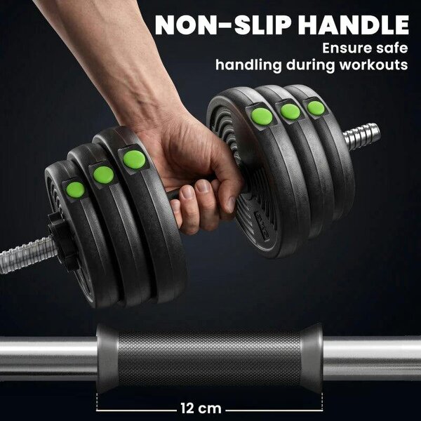 Adjustable Weight Barbell & Dumbbells Set Free Weights Strength Muscle Exercise Home Gym Training, Black and Green