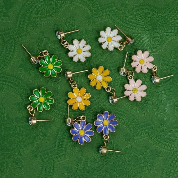 The Colourful Aura White Daisy Sun Flower Zircon Dangle Drop Summer Floral Handmade Stud Earrings