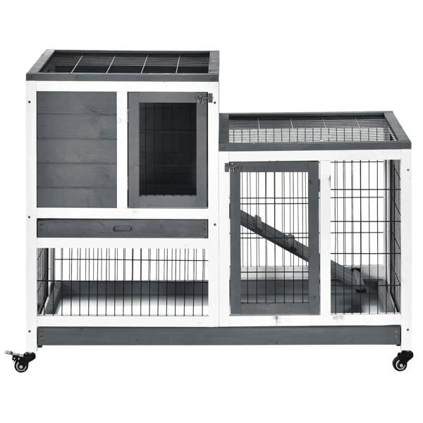 Grey wooden indoor rabbit hutch with wire panels, ramp, and top resting platform, on wheels