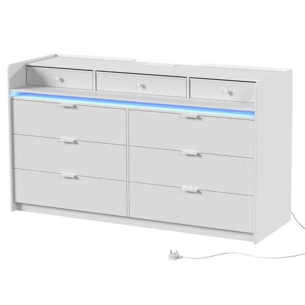 Chest of Drawers for Bedroom with LED Light & Charging Station, 9 Drawers Storage Unit/TV Stand, White
