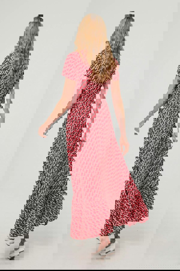 Red | Printed Smocked Tie Waist Maxi Dress
