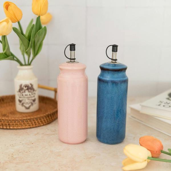 Scandi Home Ceramic Oil & Vinegar Bottles, Set of 2, Pink & Blue Reactive Glaze