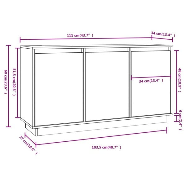 Berkfield Sideboard White 111x34x60 cm Solid Wood Pine
