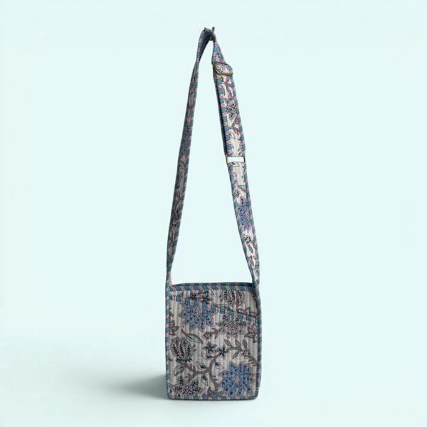 Hayley & Co Mini Cross Body Bag - Pale Blue and White Block Print Floral
