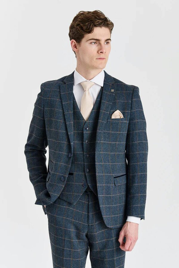 Paul Andrew Harris - Men's Navy 3 Piece Wool Blend Tweed Suit