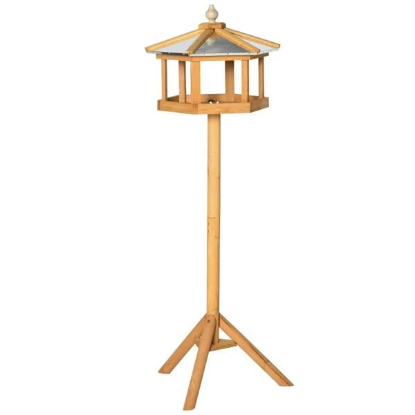 Free-standing wooden bird feeder gazebo table with hexagonal open design and roof finial
