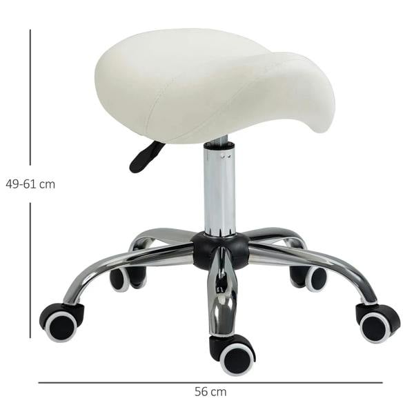 Cream saddle stool with hydraulic-height chrome base and rolling casters