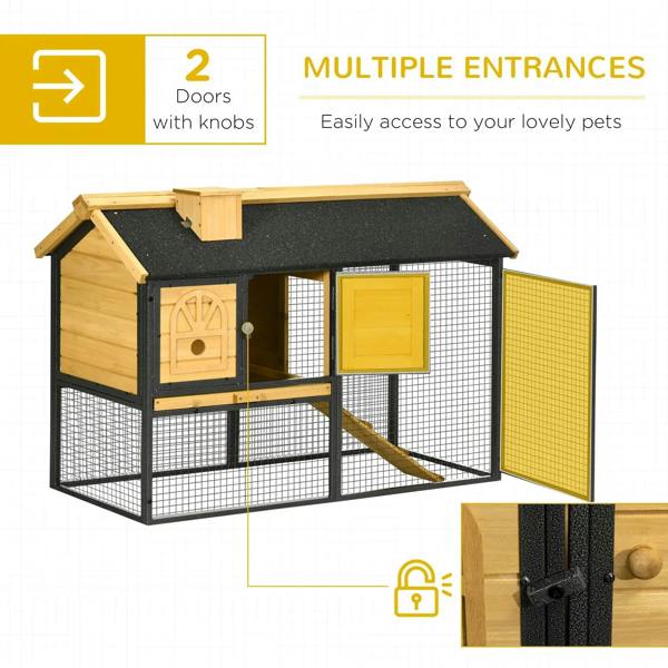 Outdoor rabbit hutch with run, multiple entry doors, black wire mesh, wooden frame