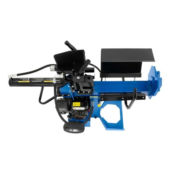15T log splitter in blue and black, featuring a sturdy frame, wheels for mobility, and a horizontal splitting design