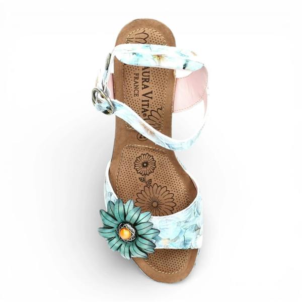 Laura Vita Facyo 75 - Women's Blue Floral Leather Wedge Sandals