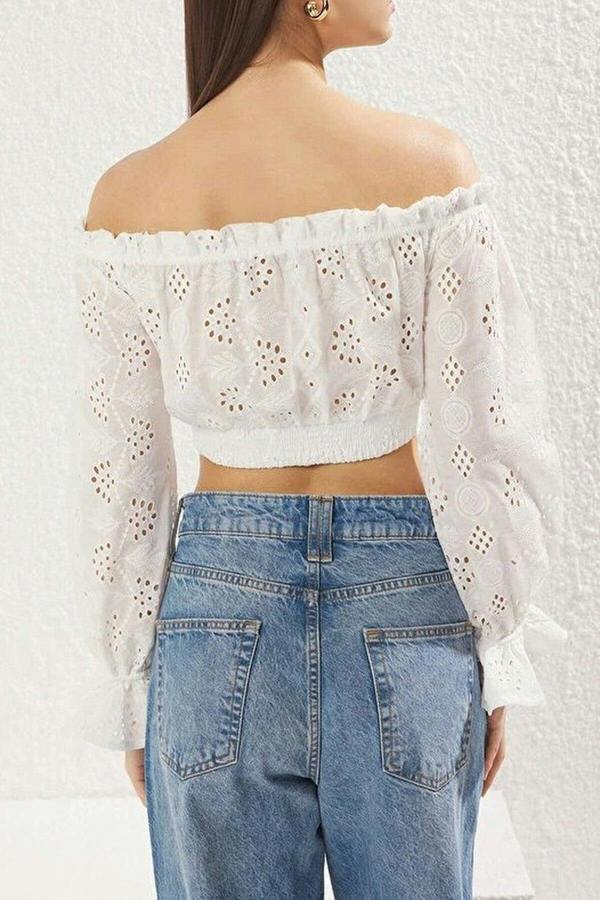 WOVCOR Off Shoulder Broderie Anglaise Crop Blouse
