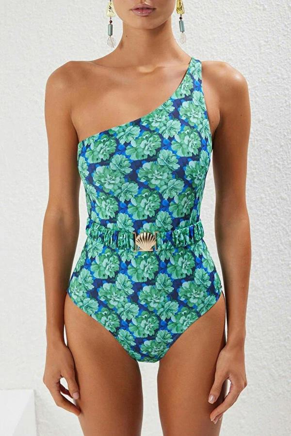 WOVCOR Patterned One-Shoulder Padded Regular Swimsuit with Accessories