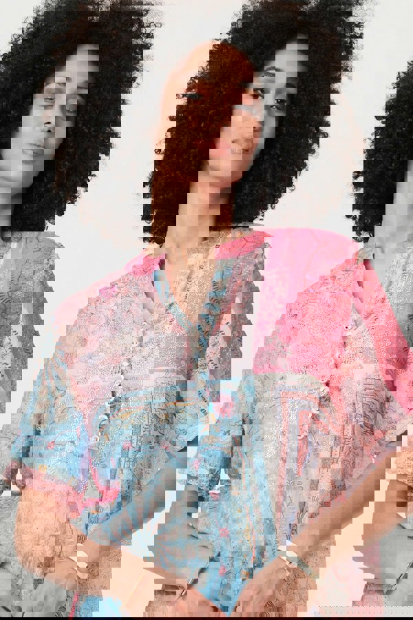 Pink | Patchwork Print Short Sleeve Blouse
