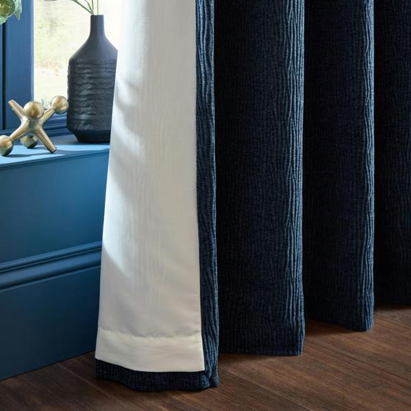 Catherine Lansfield Crinkle Chenille Lined Eyelet Curtains Blue
