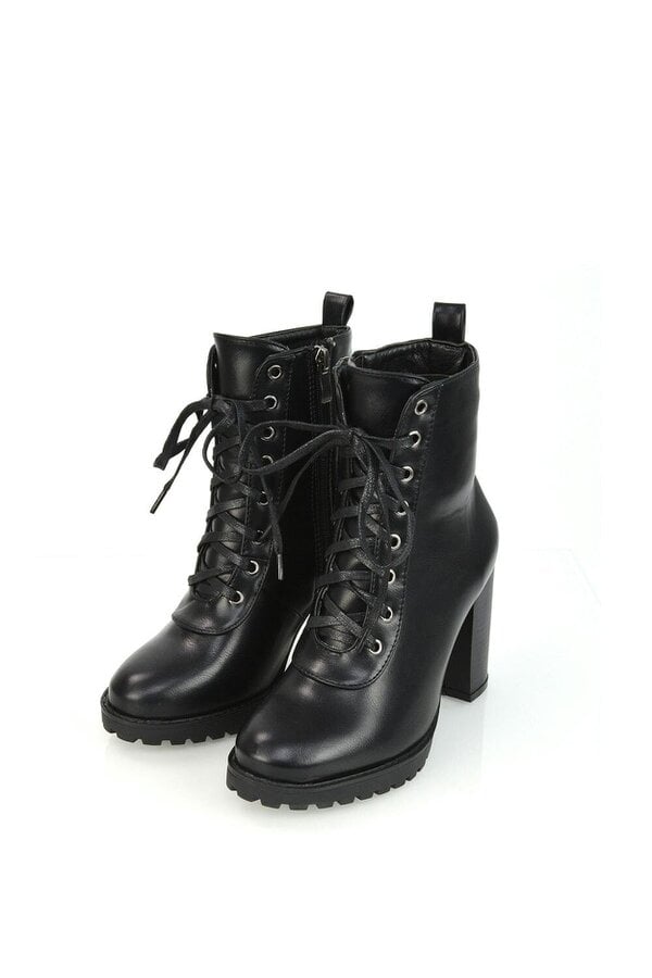 XY LONDON Lace up High Block Heel Zip-up Biker Ankle Boots