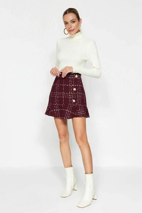 WOVCOR Tweed Skirt Flounce Mini Woven Skirt Button Detail