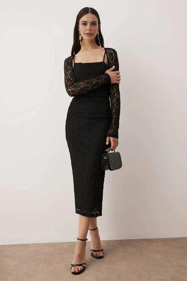 WOVCOR Elegant Lace Knit Midi Evening Dress with Bolero Detail