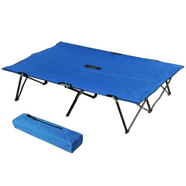 Blue double camping cot bed with carry bag, featuring steel foldable legs.
