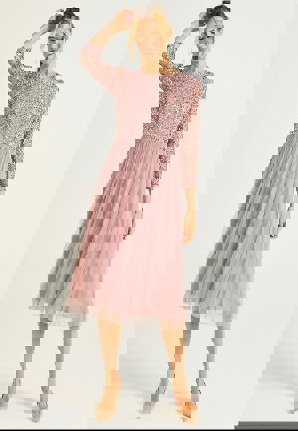 Embellished Sequin Long Sleeve Midi Dress in Lavender - ANGELEYE