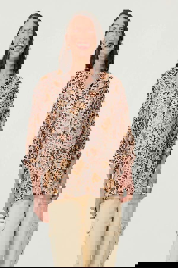 Beige | Animal Print 3/4 Sleeve Blouse