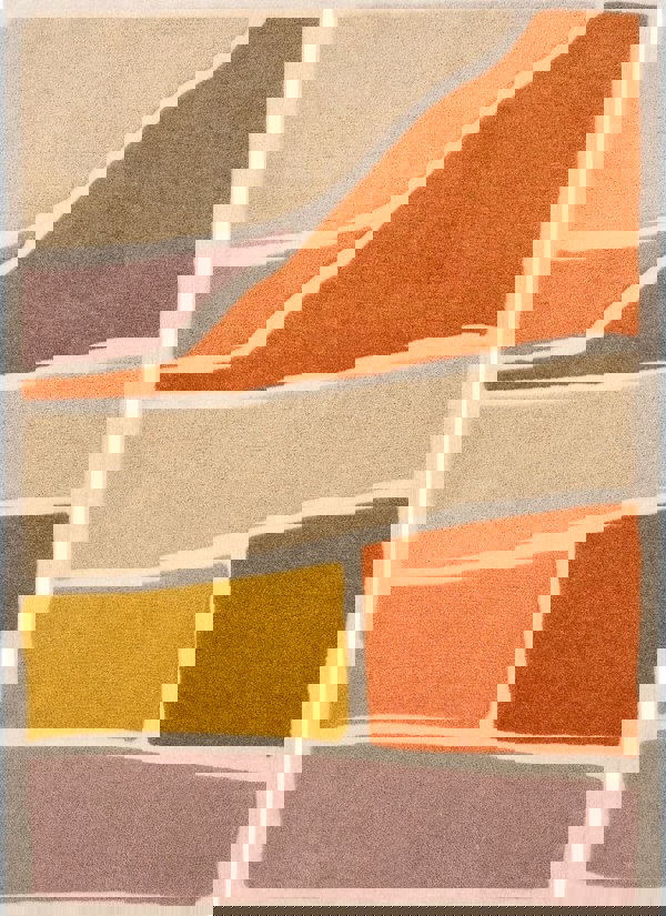 Strata abstract rug featuring warm Terra and soft Pink/Grey colors with a deep, soft pile texture.