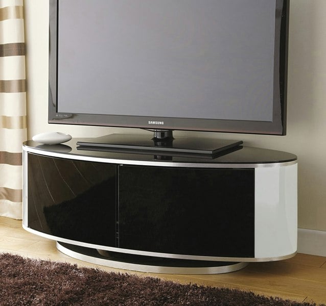 MDA Designs LUNA Gloss Black Oval Cabinet with White Profiles and Black BeamThru Glass Doors Suitable for Flat Screen TVs up to 50"