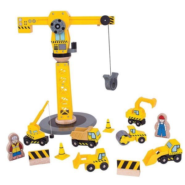 Bigjigs Rail 13 Piece Wooden Yellow Crane Construction Set