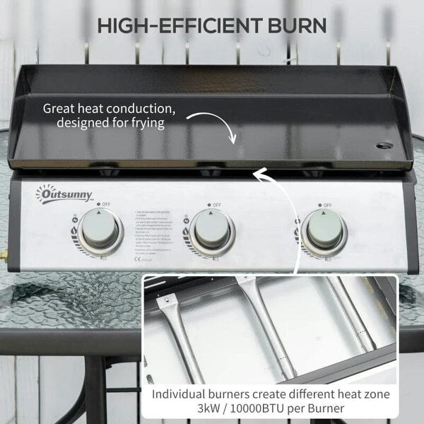 Bobobiy Gas Plancha Barbecue Grill with 3 Stainless Steel Burner, 7.5kW, Portable Tabletop Gas BBQ with Non-Stick Griddle for Camping Picnic Garden