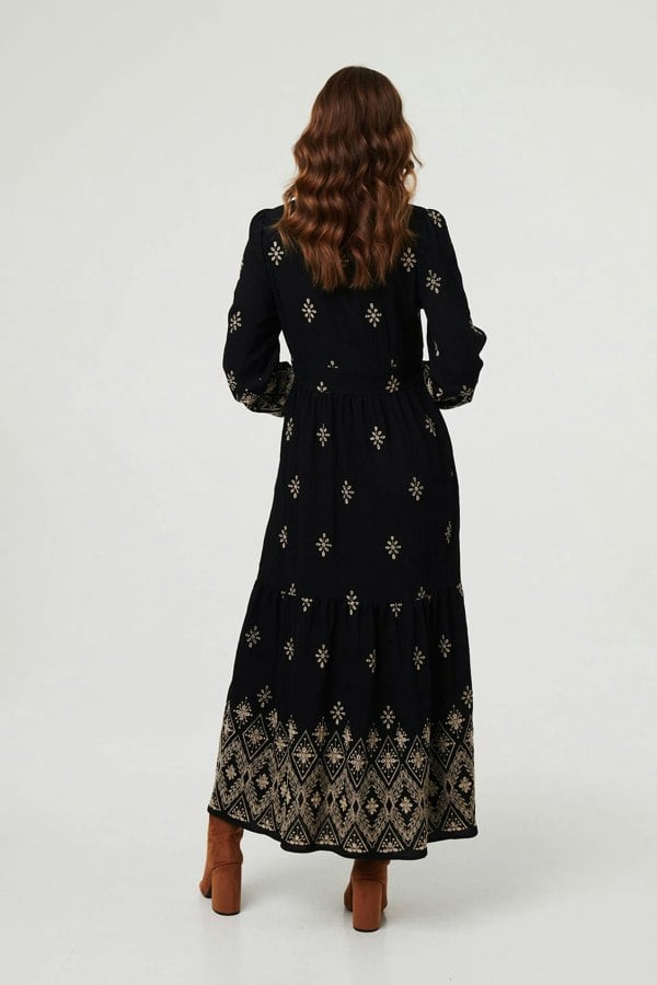 Black | Border Print Long Sleeve Maxi Dress