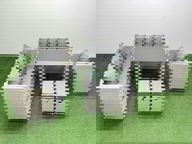 Fimous Patio Garden Furniture Sets with Black Glass Top Dining Table 3 Seater Sofa Armchair 2 Small Stool Light Grey