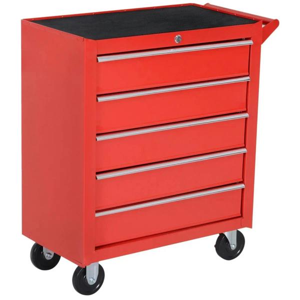 Red tool storage cabinet with 5 drawers, lockable top, and rolling wheels