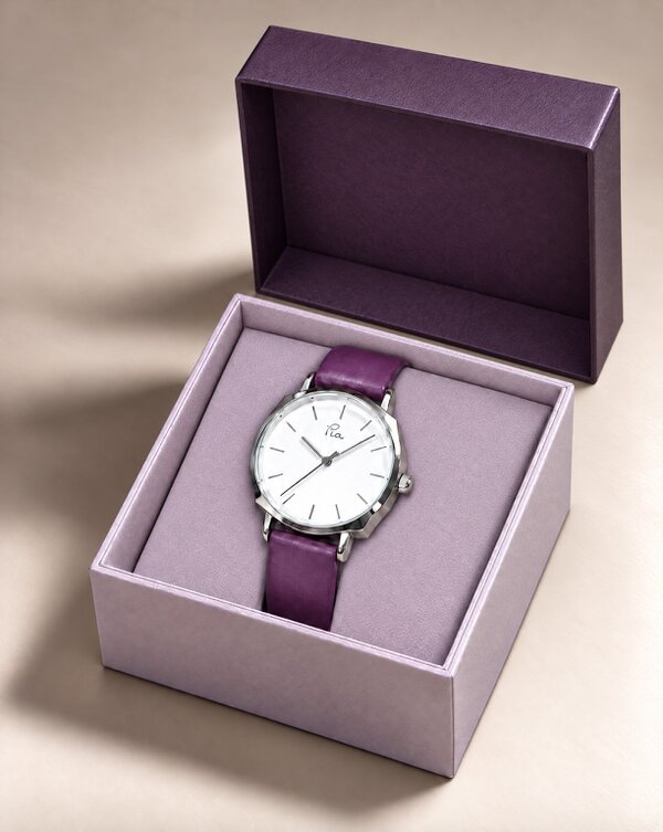 Pia Purple Leather Watch, Silver-Tone Round Case, Quartz Analogue