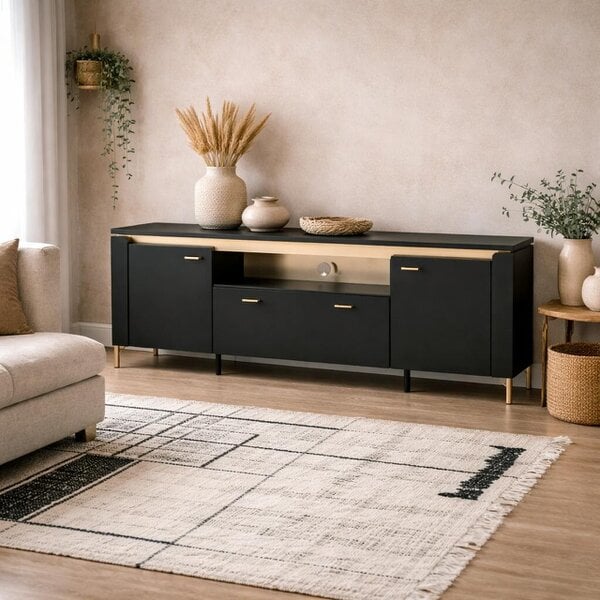 Wyld Haus Marslet 200cm Black and Gold TV Cabinet 2 Door 1 Drawer with LED Lights