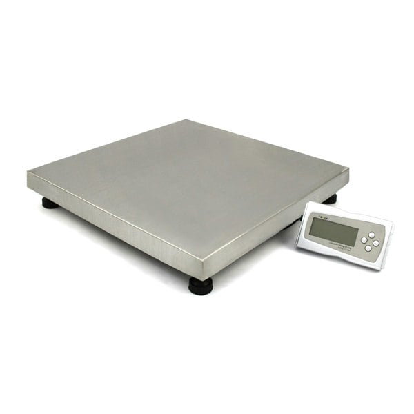 Stainless steel vet scales measuring 50cm x 50cm with a digital display, designed for accurate pet weight measurements