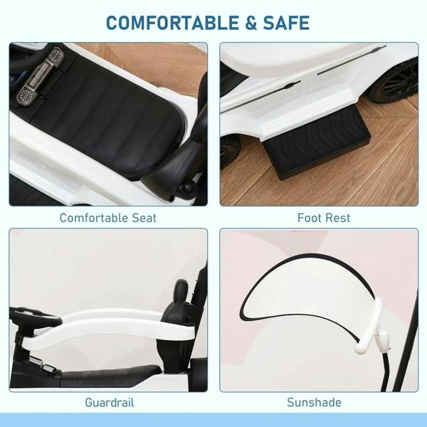 White kids ride-on push car with padded black seat, footrest, safety guardrail, and sunshade
