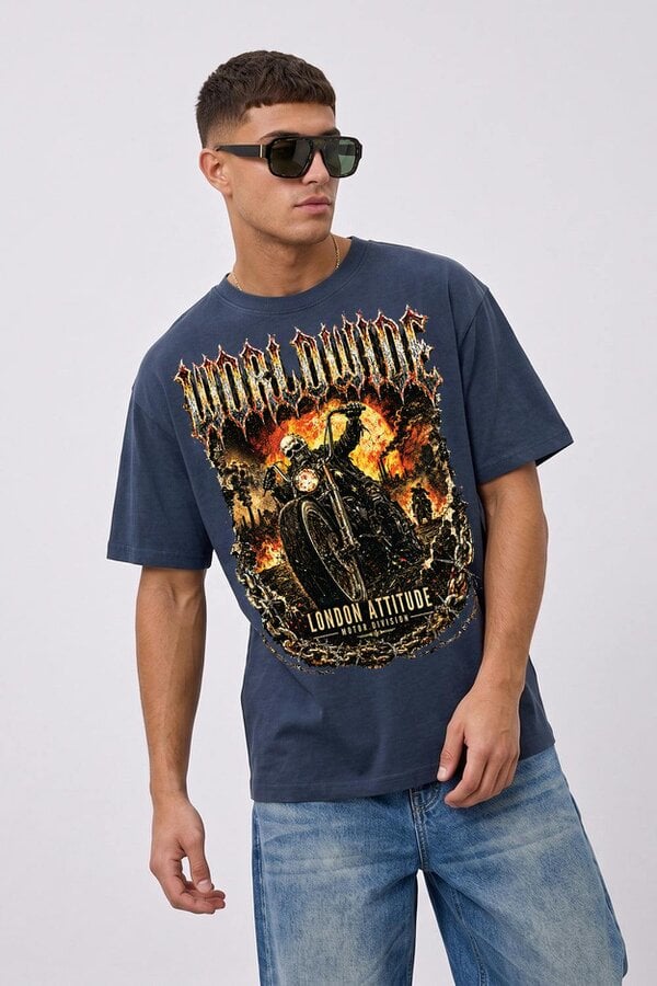 London Attitude Worldwide Skull Biker Oversized Heavyweight Graphic T-Shirt - Blue Dusk