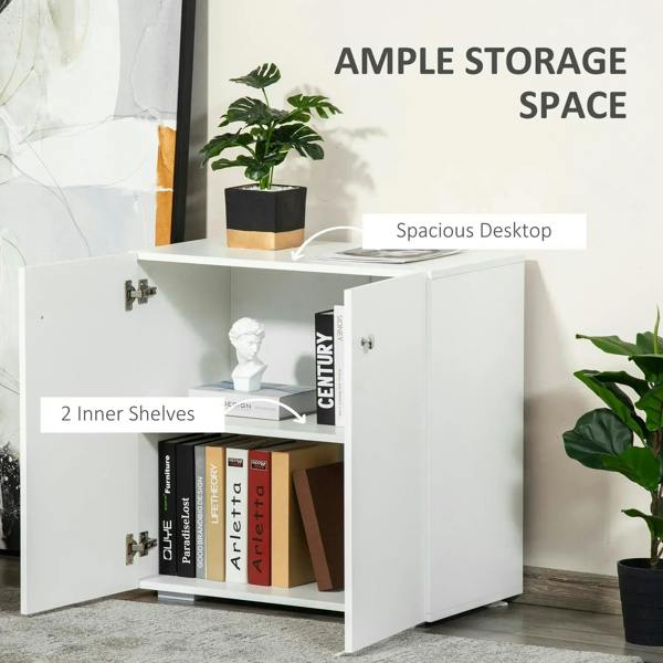 White storage cabinet with two inner shelves and open double doors, metal hinges.