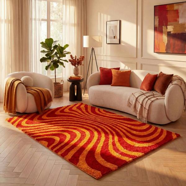 Red and orange wavy patterned fabric pet-friendly rug