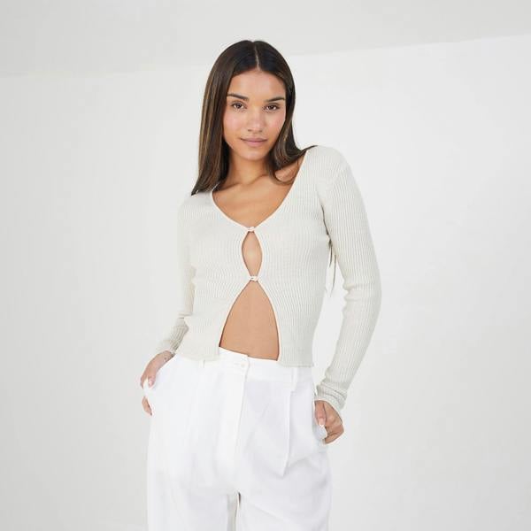 Brave Soul Stone Ribbed Knitted V-Neck Cardigan - Stone Image 1