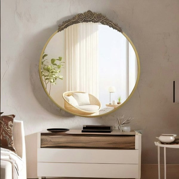 Rafaelo Mobilia Round Wall Mirror With Floral Pattern Gold