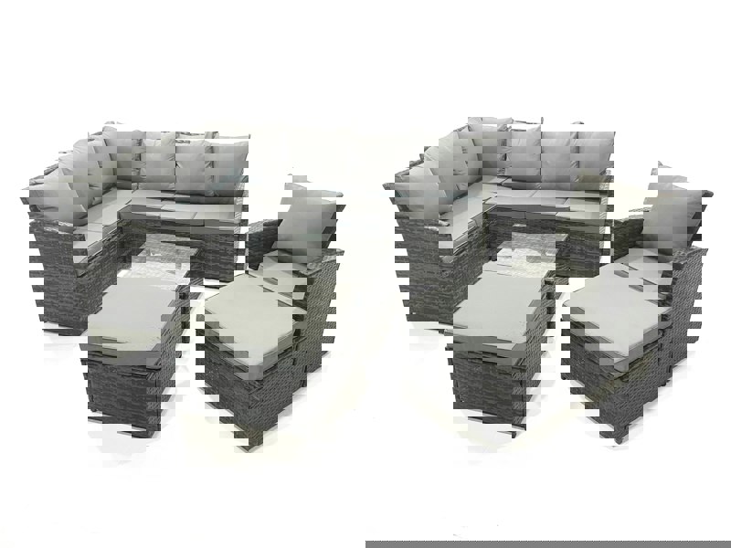 Fimous 9 Seater Outdoor Garden Furniture Set Wicker PE Rattan Corner Sofa Set with Square Coffee Table 2 Big Footstool Dark Grey Mixed