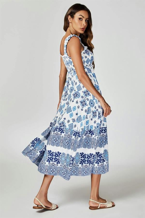 FS Collection Blue Border Print Hem Detail Tiered Maxi Dress In White