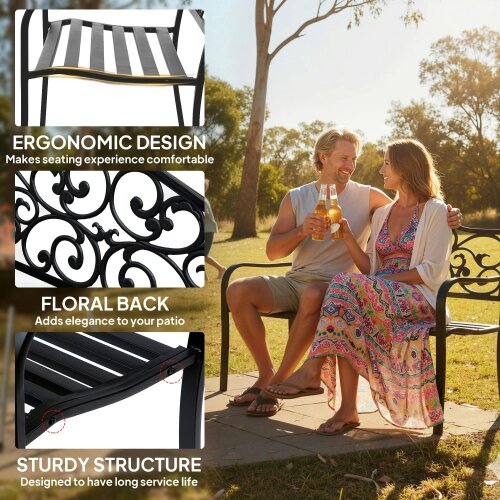 Wyld Haus Faneso Metal Black Garden Bench With Floral Backrest And Armrests