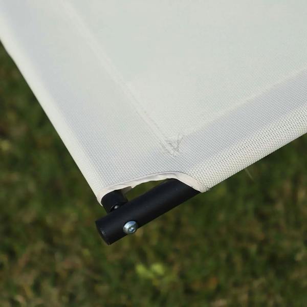 Cream lounge fabric corner attached to black frame with metal hardware