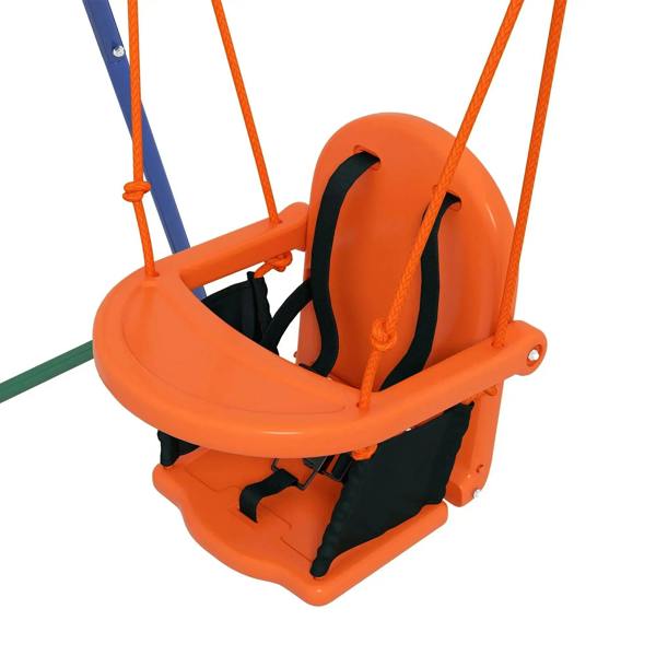 Orange enclosed toddler swing seat with black harness straps and overhead hanging ropes