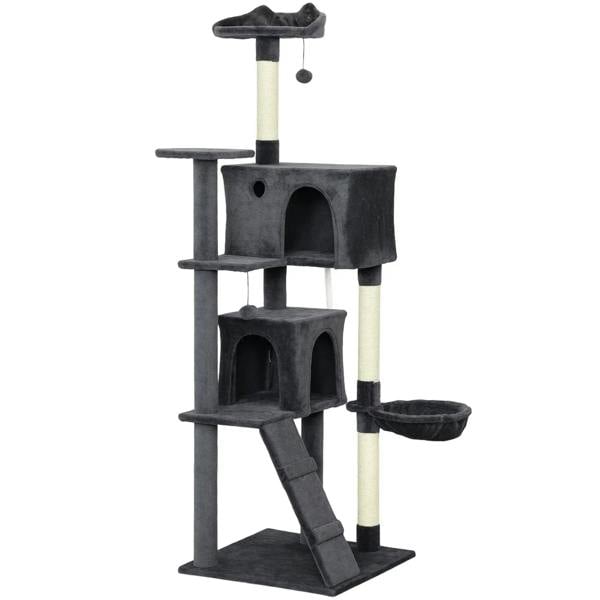 Dark grey cat tree tower with plush condos, ramp, plush perch, sisal scratching posts