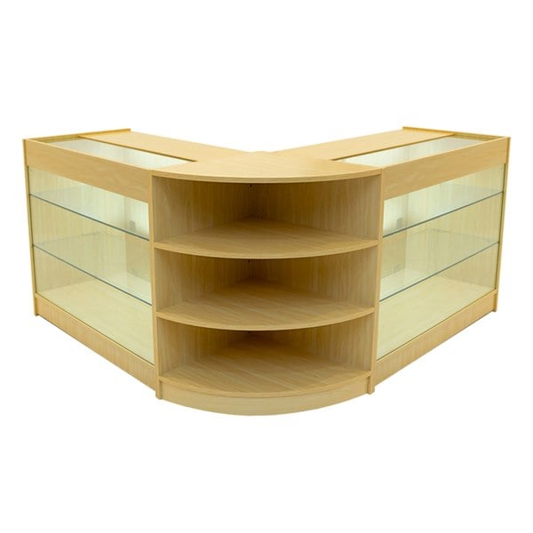 Maple Apollo LED shop counter set featuring a modern design with glass display shelves and a sleek, curved shape for retail use